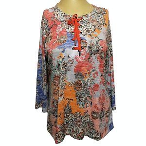Women's Top Susan Graver Floral V Neck Lace Up Front Sz S